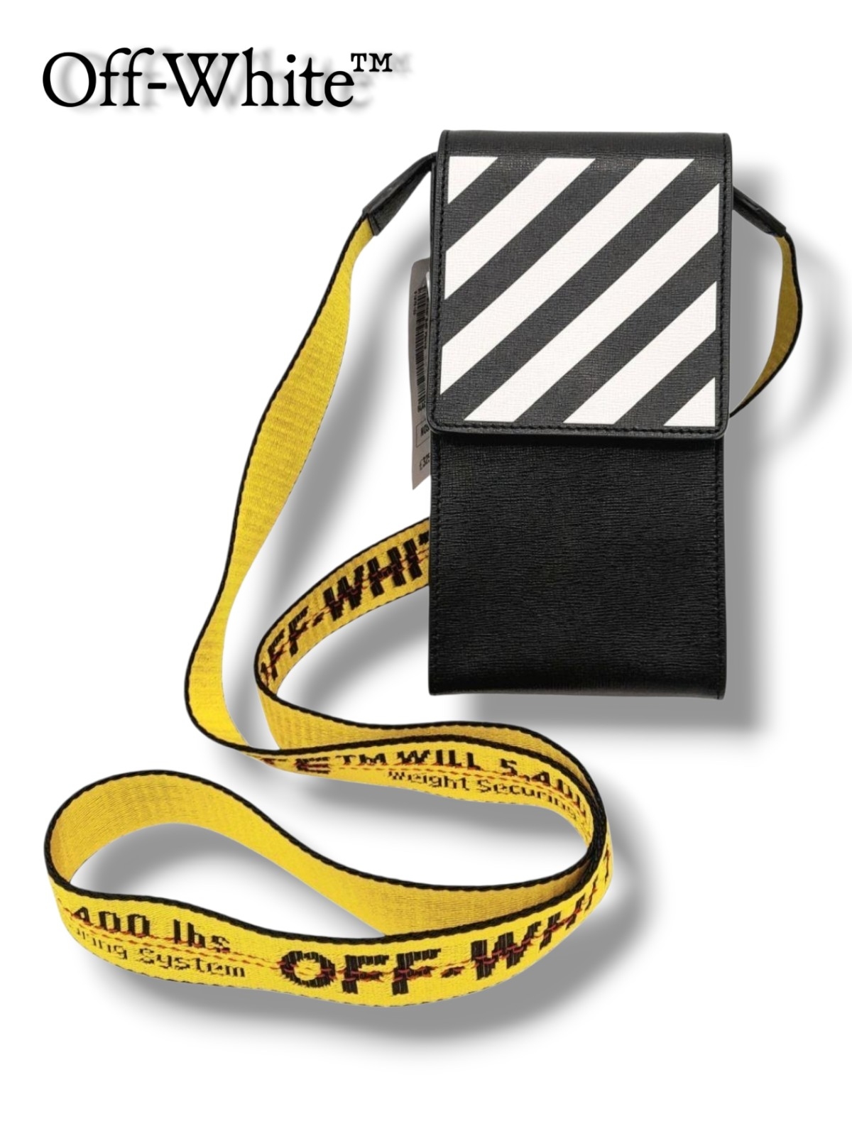 Off-White Diagonal Stripe Saffiano Leather Phone Holder Yellow Industrial Strap